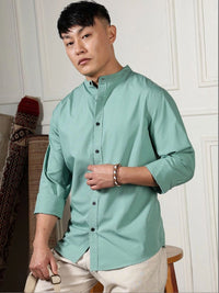 Eszett Long Sleeves Mandarin Collar Opaque Pure Cotton Regular Fit Casual Shirt