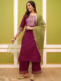 Vishudh Pink Ethnic Motifs Yoke Design Foil Printed Straight Kurta & Palazzos With Dupatta