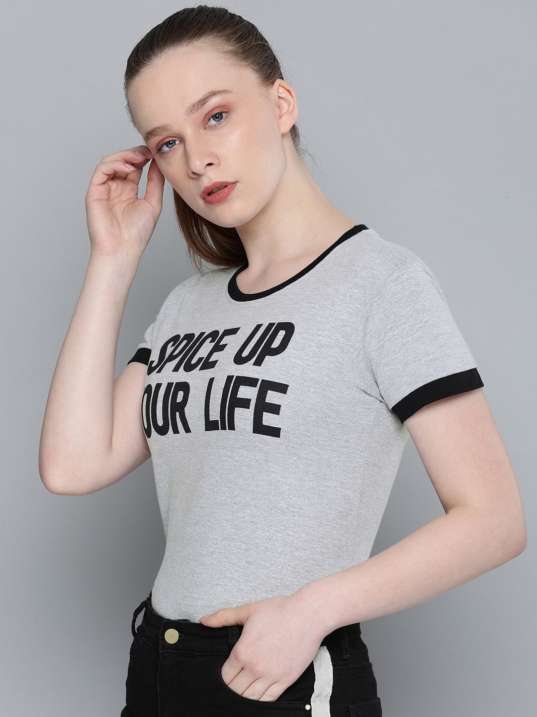 DILLINGER Women Grey Melange  Black Printed Round Neck Regular Fit Pure Cotton T-shirt
