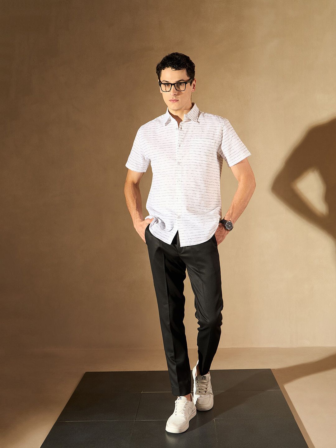 DENNISON Horizontal Striped Spread Collar Smart Regular Fit Cotton Casual Shirt