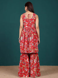 Varanga Women Floral Embroidered Regular Thread Work Pure Cotton Kurti with Sharara