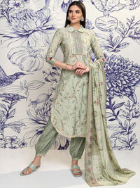 Vishudh Green & Red Floral Printed Regular Thread Work Kurta with Trousers & With Dupatta