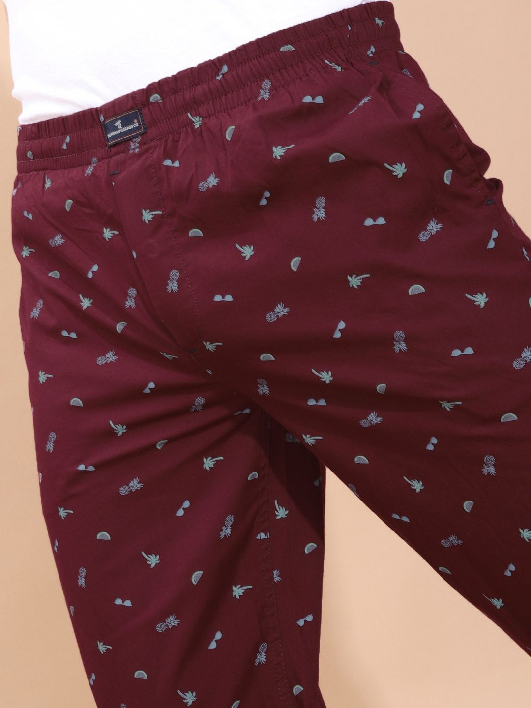 The Indian Garage Co Men's Burgundy and Blue Printed Pure Cotton Lounge Pants