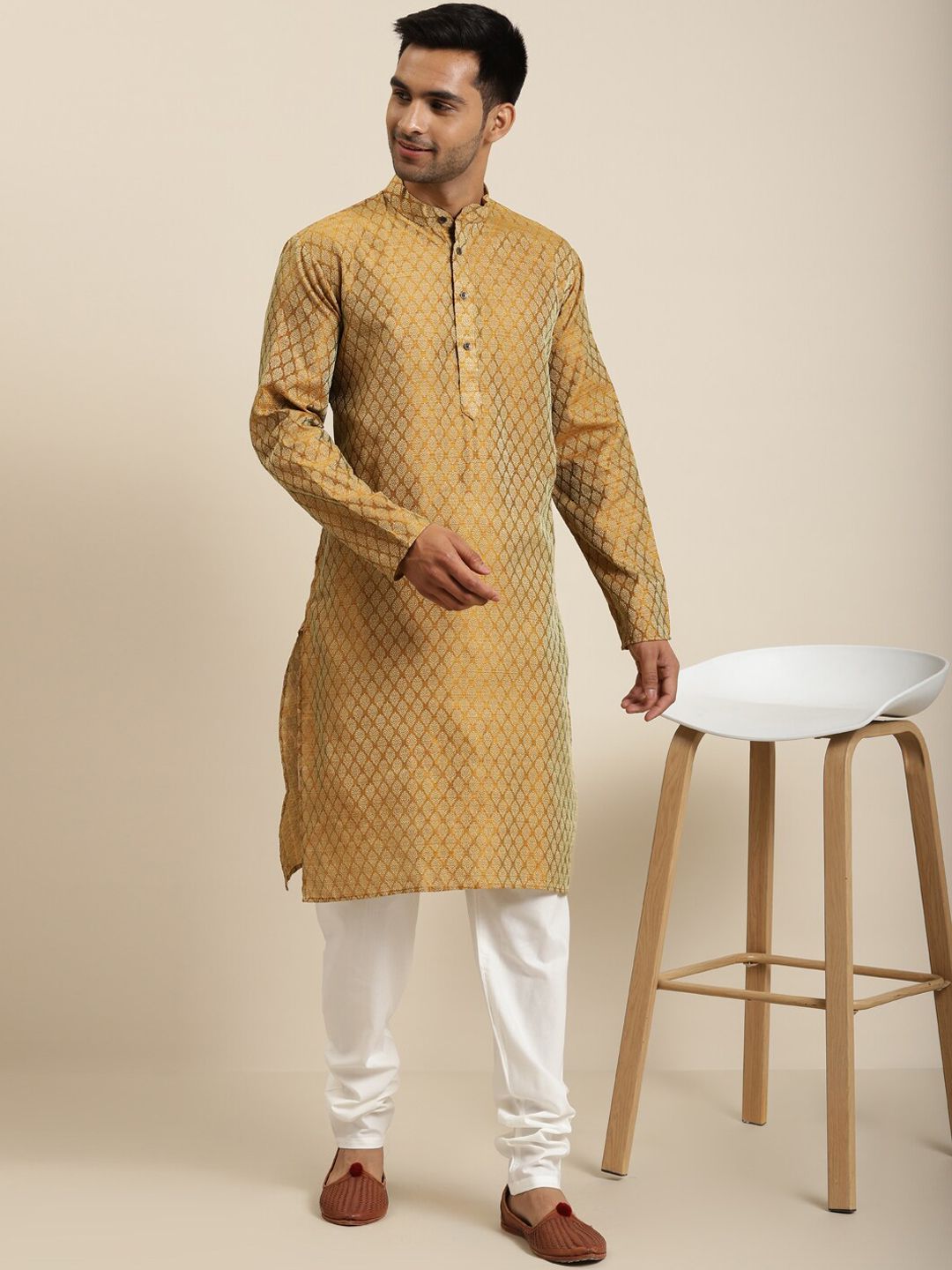 SOJANYA Motif Etnik Rekaan Tenun Kolar Mandarin Kurta Lurus Dengan Churidar