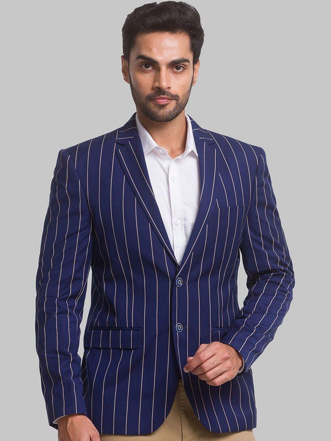 Park Avenue Men Blue Striped Single Breasted Formal Blazer