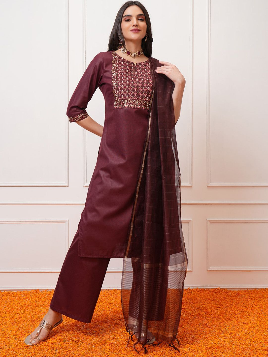 Vishudh Burgundy Ethnic Motifs Yoke Design Thread Work Kurta with Palazzo & Dupatta