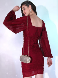 Tokyo Talkies Ruched Square Neck Long Puff Sleeve Bodycon Dress