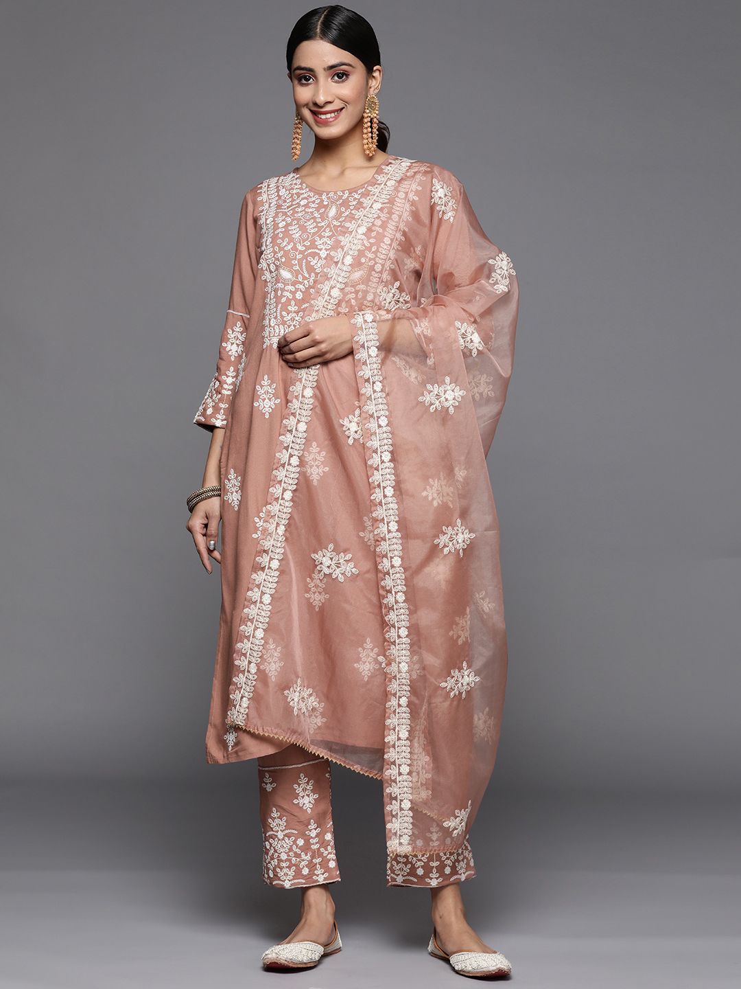 Varanga Women Beige Thread Embroidered Pure Cotton Kurta with Trouser and Dupatta