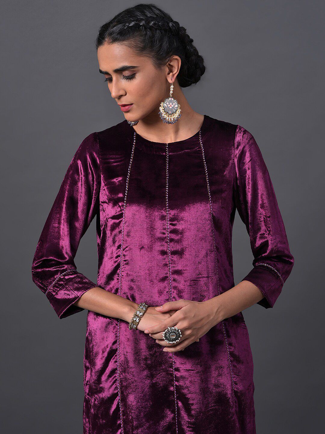 W Women Embroidered Velvet Kurta with Palazzos