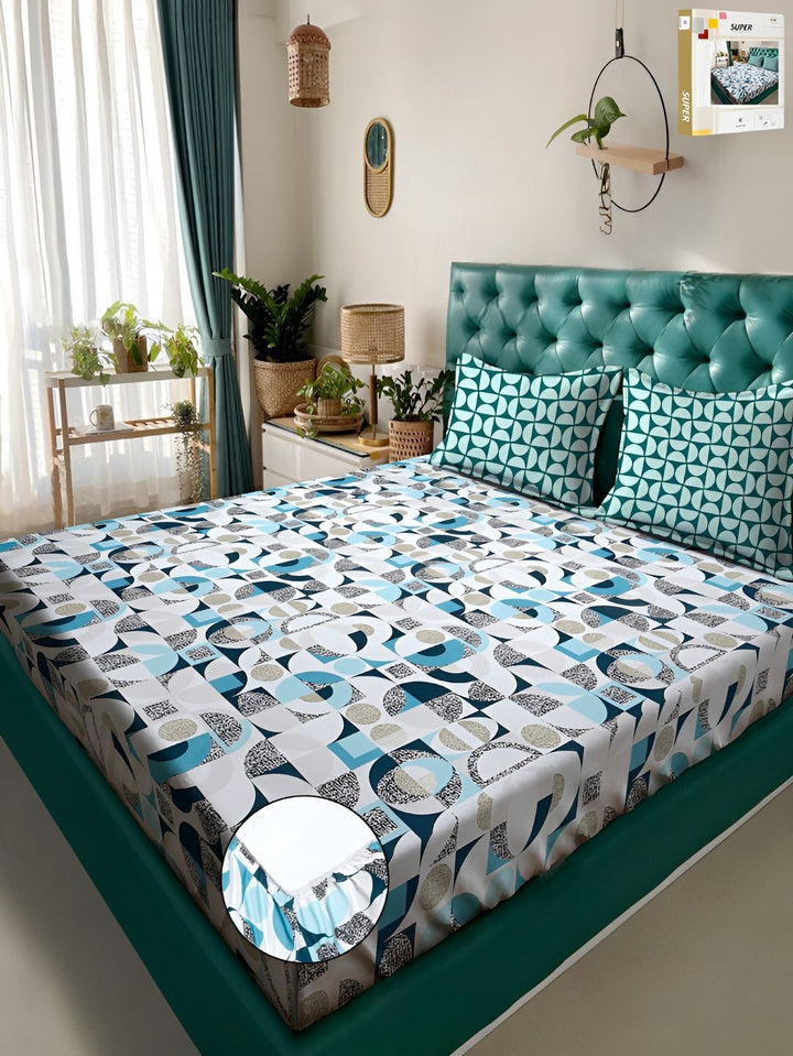 KLOTTHE White & Blue Printed 300TC Dilengkapi Cadar King Double Dengan 2 Sarung Bantal