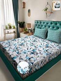 KLOTTHE White & Blue Printed 300TC Dilengkapi Cadar King Double Dengan 2 Sarung Bantal