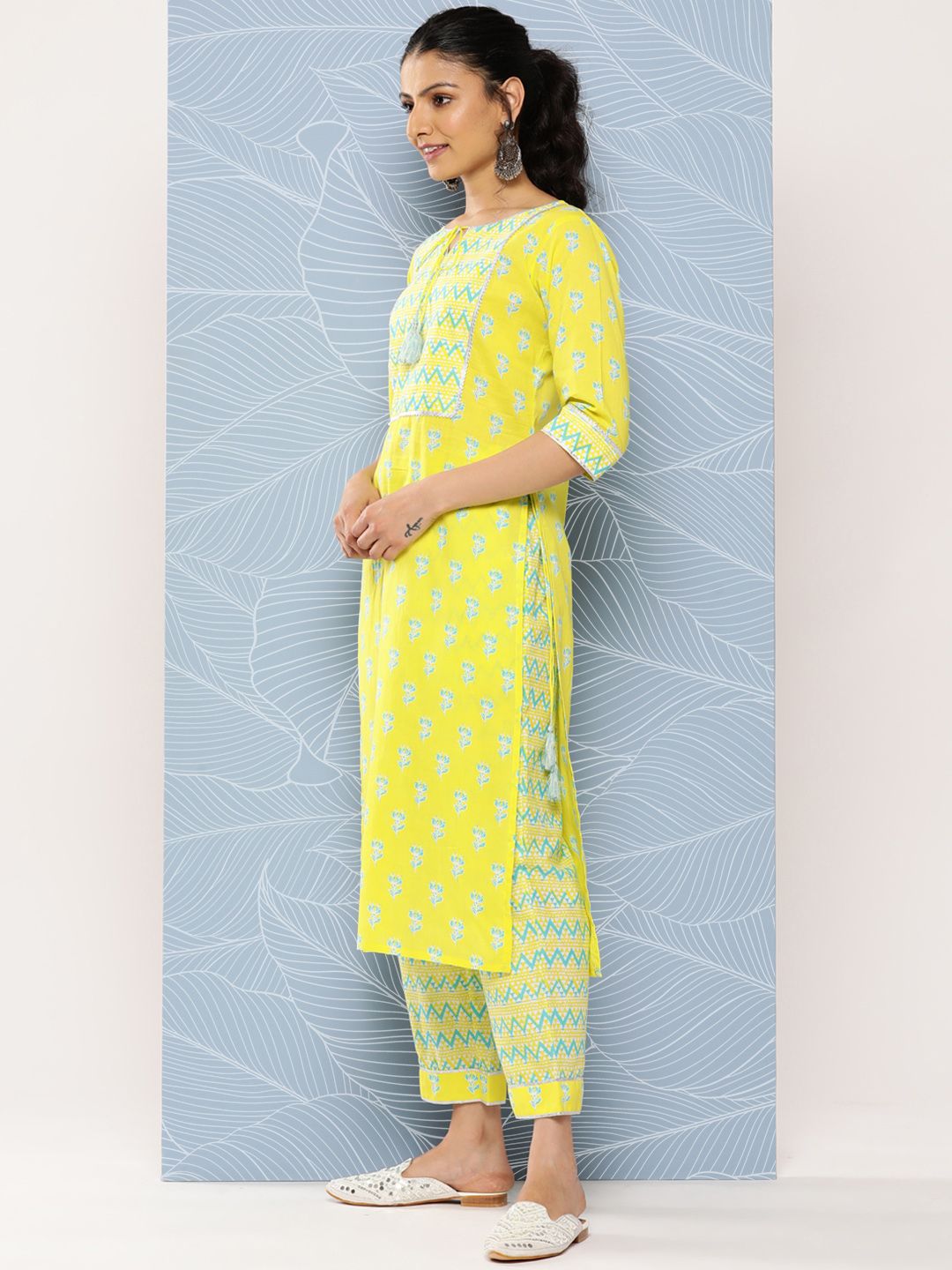 Libas Floral Yoke Design Gotta Patti Pure Cotton Kurta With Trousers & With Dupatta