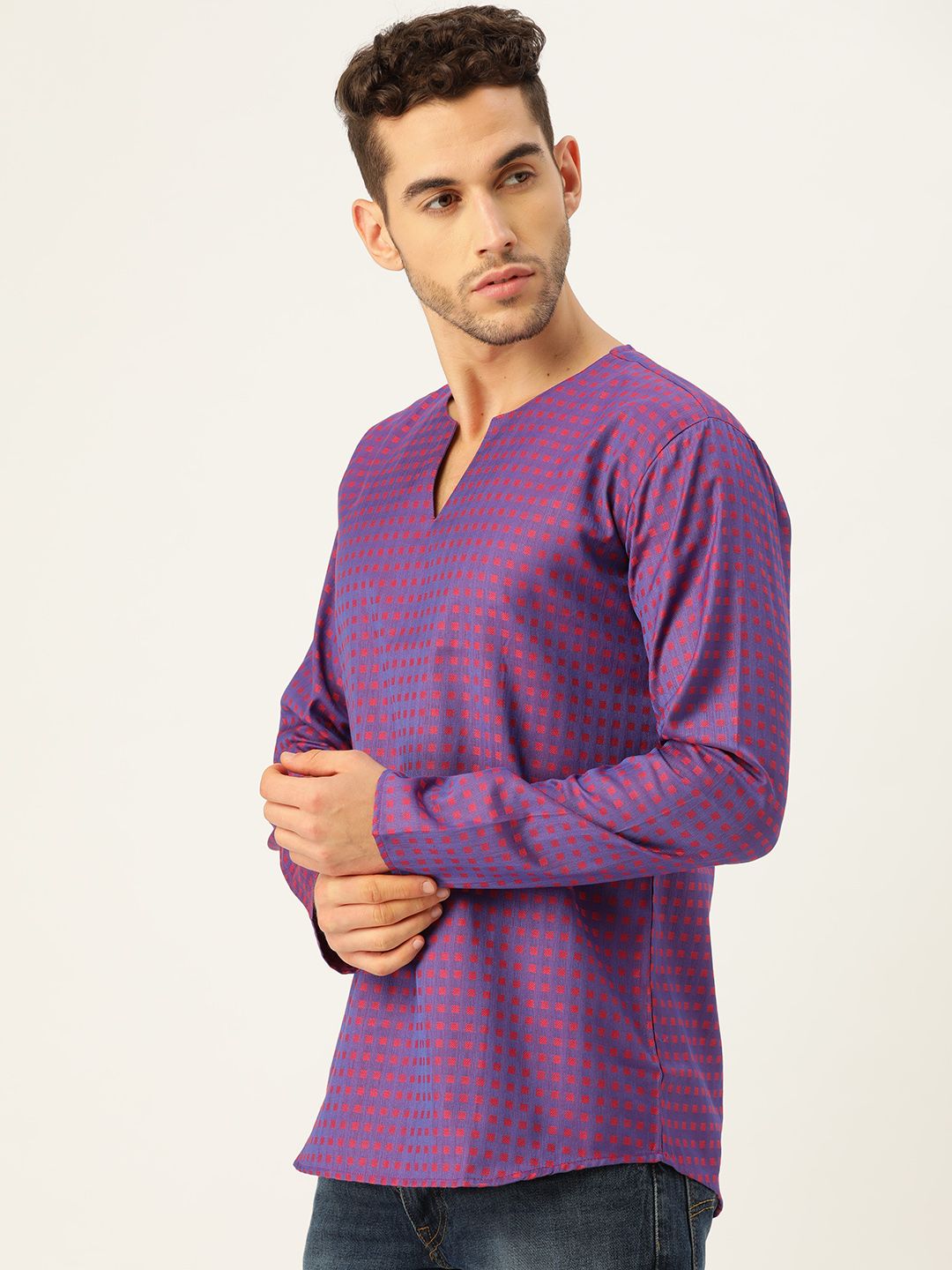 SOJANYA Men Purple & Red Woven Design Straight Short Kurta