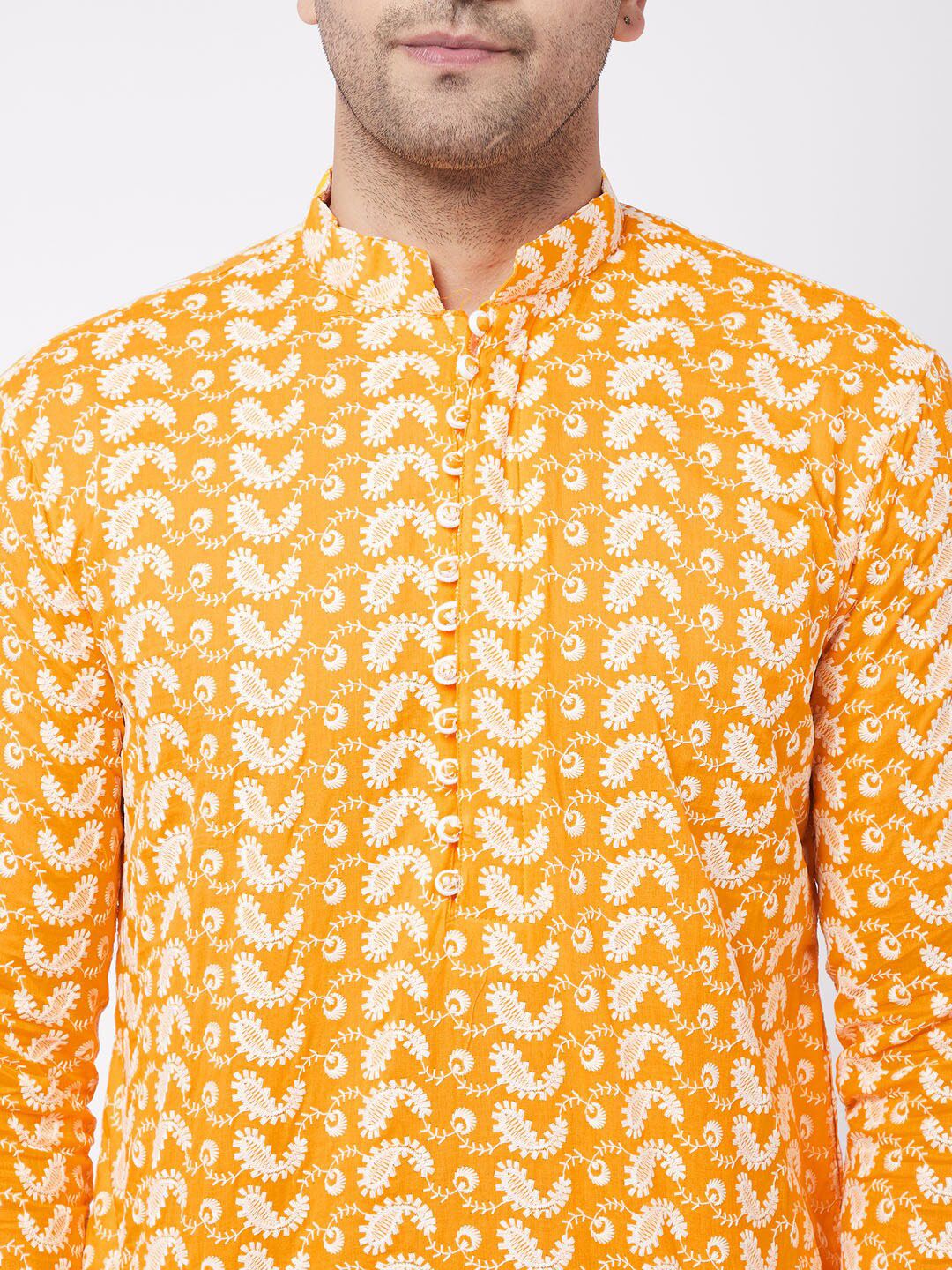 VASTRAMAY Men Orange And White Chikankari Kurta Pyjama Set