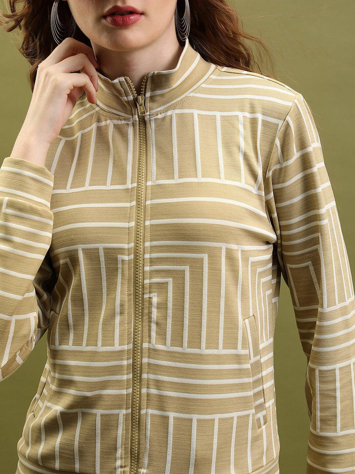 Tokyo Talkies Tan & White Geometric Printed High Neck Sweatshirt With Trouser