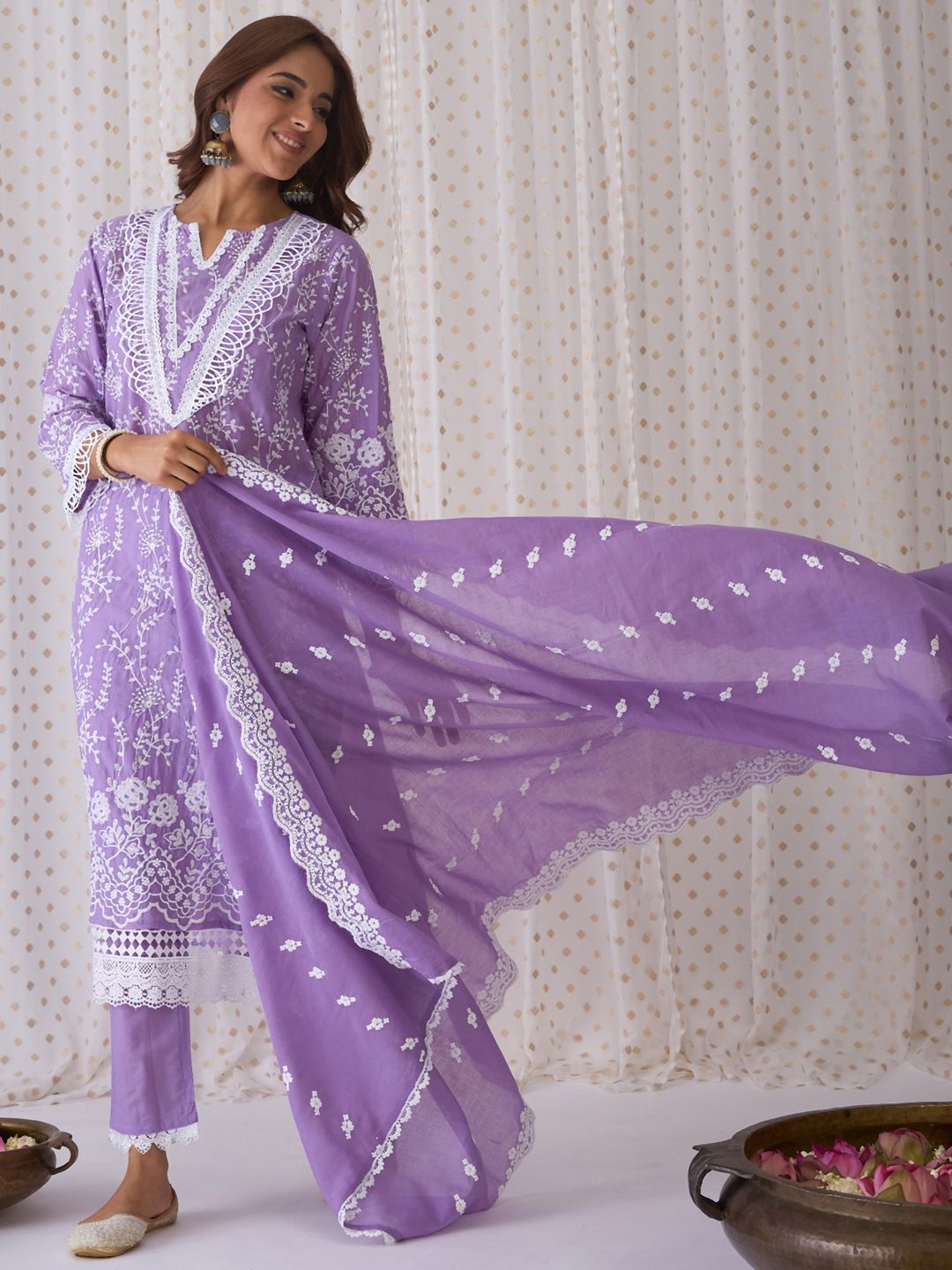 Indo Era Floral Embroidered Round Neck Pure Cotton Straight Kurta with Trousers & Dupatta