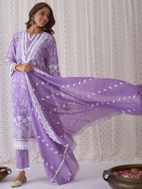 Indo Era Floral Embroidered Round Neck Pure Cotton Straight Kurta with Trousers & Dupatta