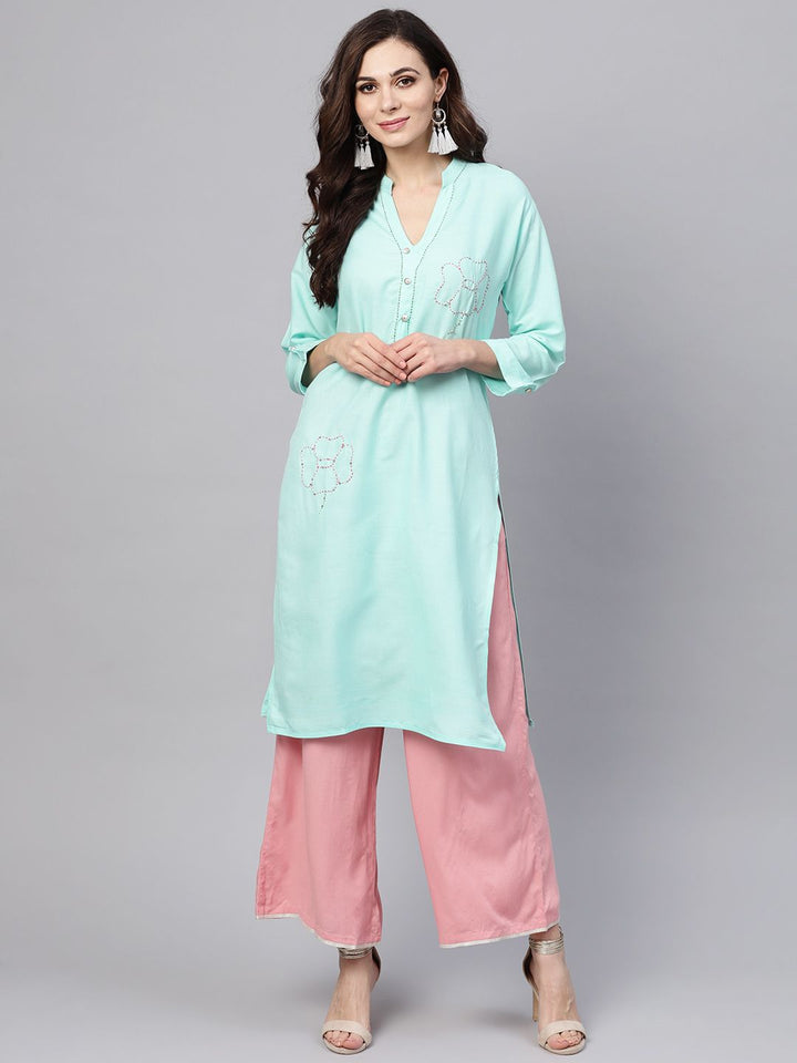 SOJANYA Women Blue Solid Straight Kurta