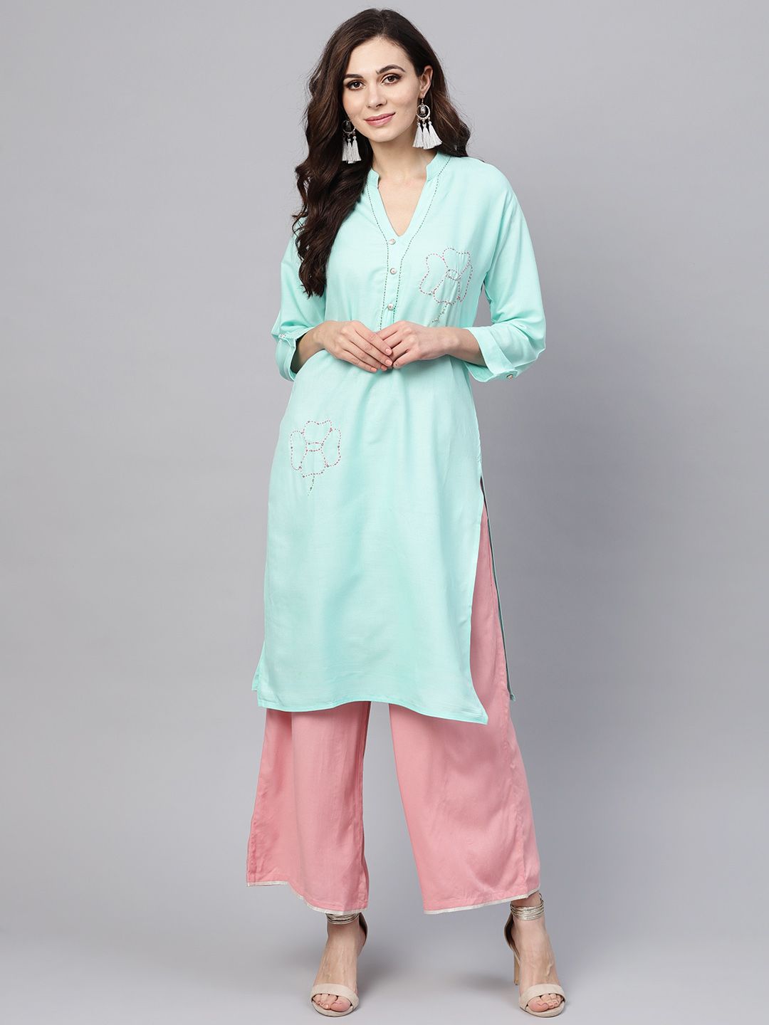 SOJANYA Women Blue Solid Straight Kurta