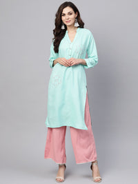 SOJANYA Women Blue Solid Straight Kurta