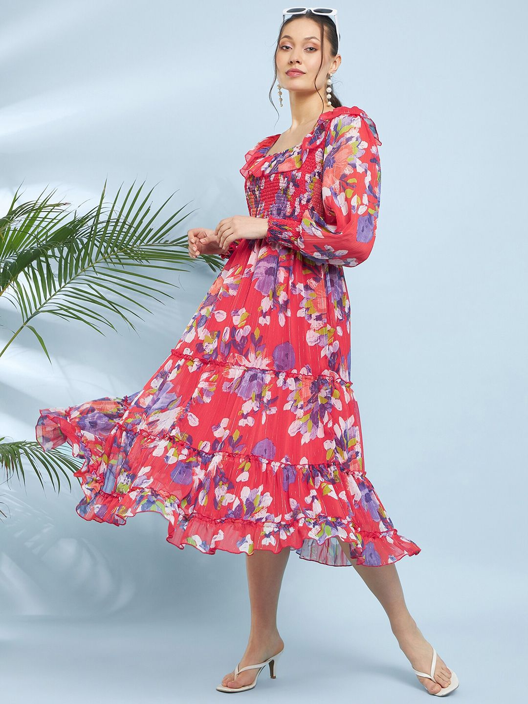 Antheaa Floral Printed Puff Sleeve Chiffon A-Line Midi Dress