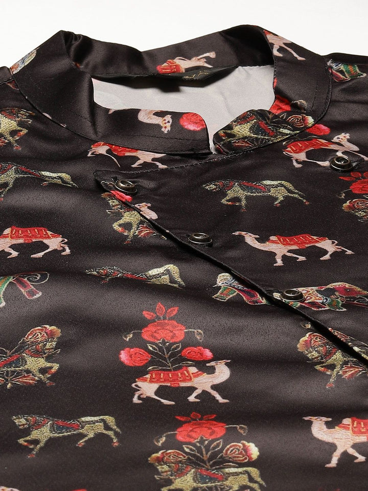 SOJANYA Men Maroon & Black Solid Kurta with Churidar & Ethnic Jacket