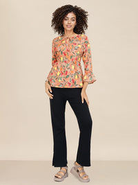 DressBerry Floral Printed Tie-Up Neck Bell Sleeve Peplum Top
