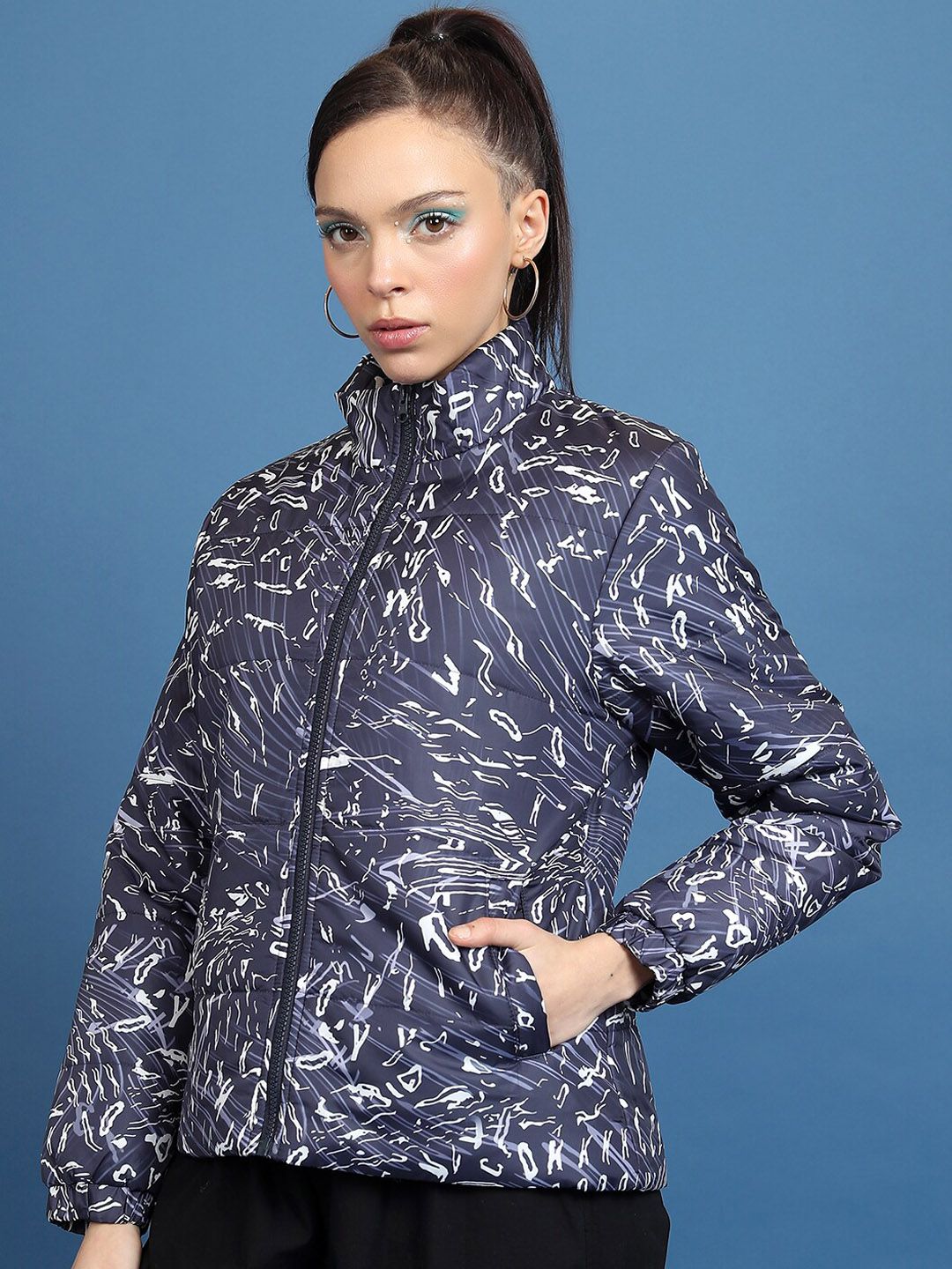 Tokyo Talkies Printed Mock Collar Puffer Jacket