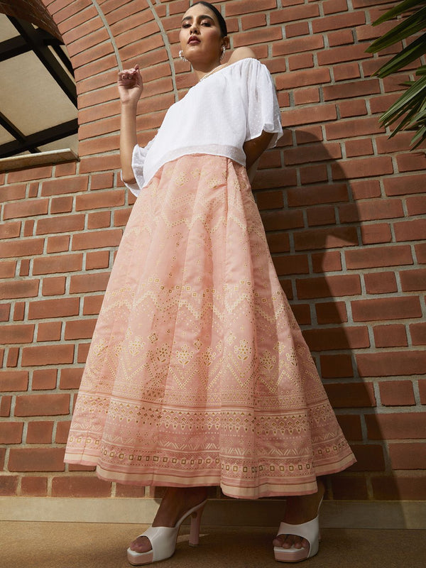 Global Desi Women Peach &amp; Off White Printed Paneled Skirt Flared