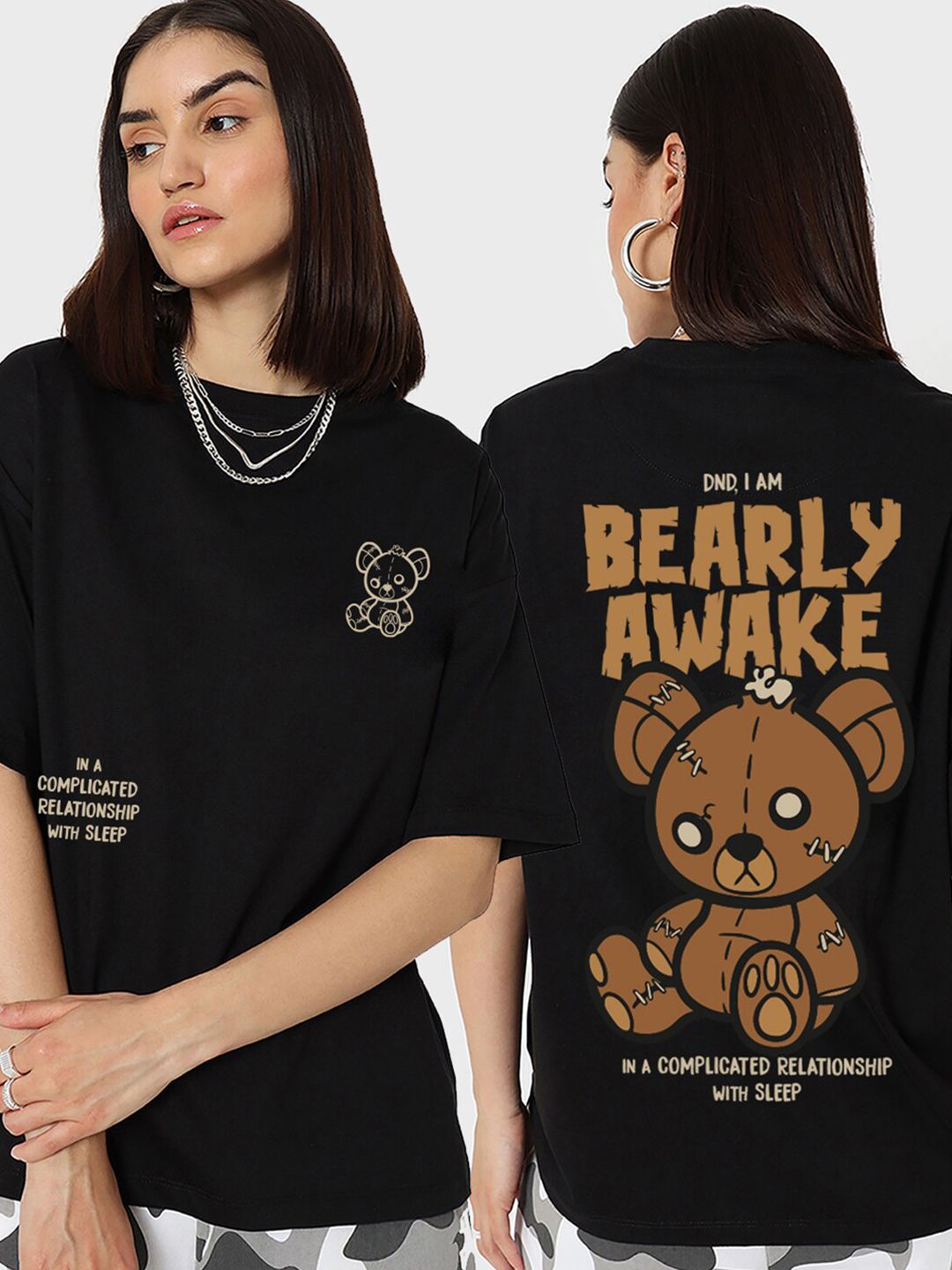 Bewakoof Black Bearly Awake Graphic Printed Round Neck Cotton Oversized T-shirt