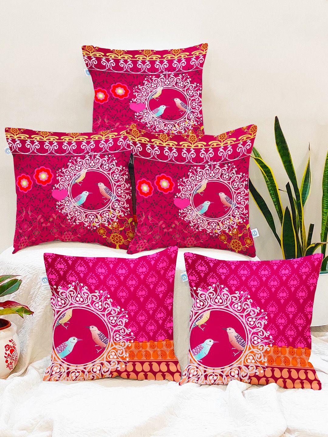 STITCHNEST Pink & Orange Set of 5 Ethnic Motifs Square Cushion Covers