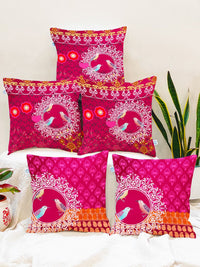 STITCHNEST Pink & Orange Set of 5 Ethnic Motifs Square Cushion Covers