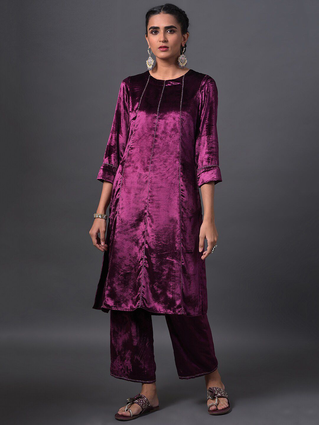 W Women Embroidered Velvet Kurta with Palazzos