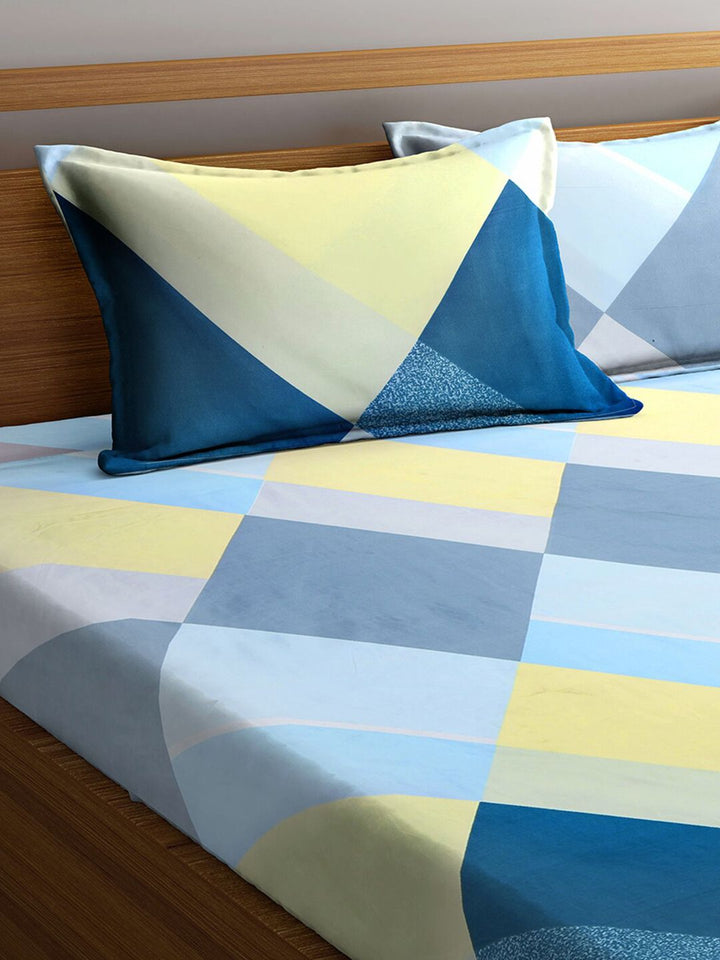 KLOTTHE Blue & Yellow Geometric Printed 300 TC Double King Bedsheet With 2 Pillow Covers