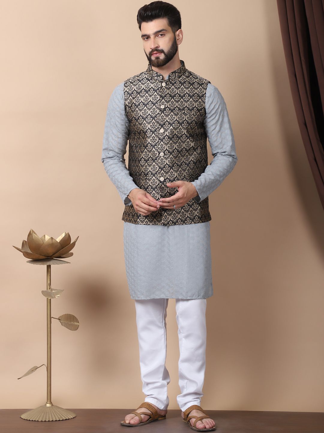 Anouk Grey Floral Embroidered Thread Work Pure Cotton Kurta with Churidar & Nehru Jacket