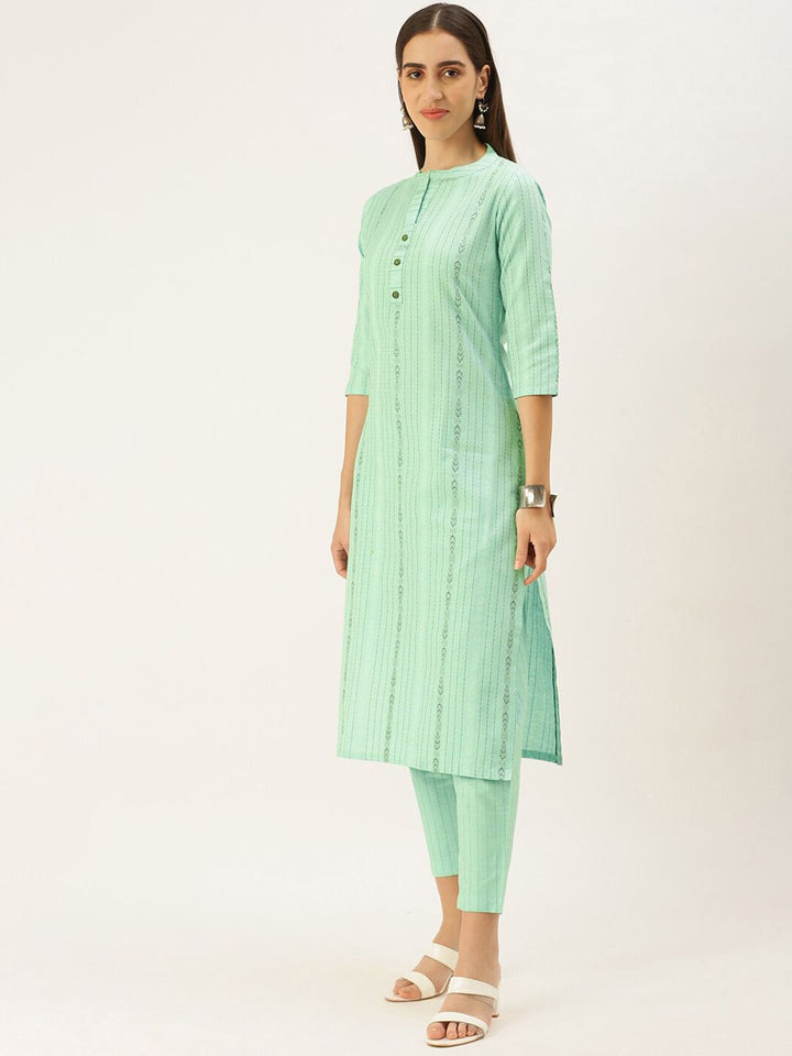 KALINI Striped Mandarin Collar Straight Kurta with Trousers