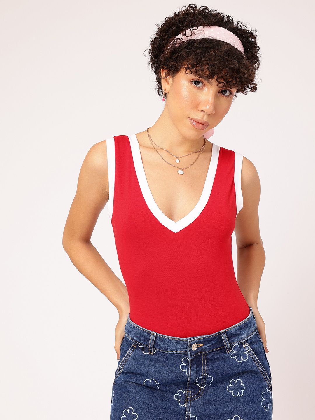DressBerry Contrast Trim Plunge Neck Bodysuit