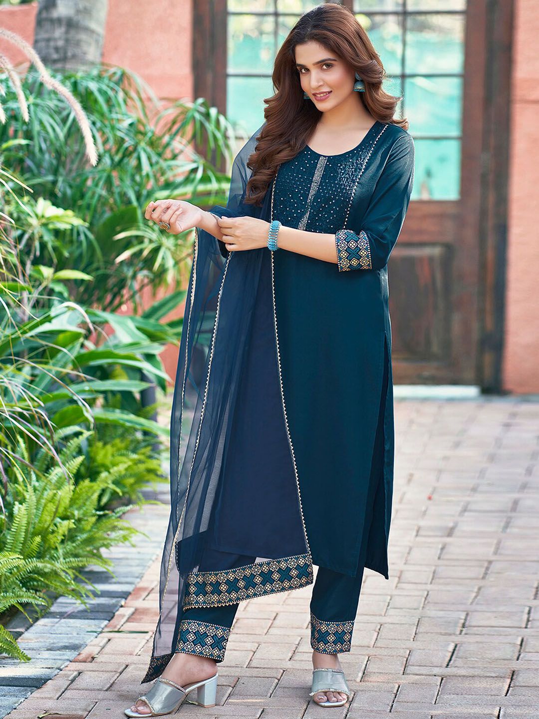 KALINI Yoke Design Sequinned Kurta with Trousers & Dupatta