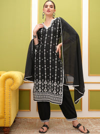 Vishudh V Neck Embroidered Regular Pure Cotton Kurta with Trousers & With Dupatta