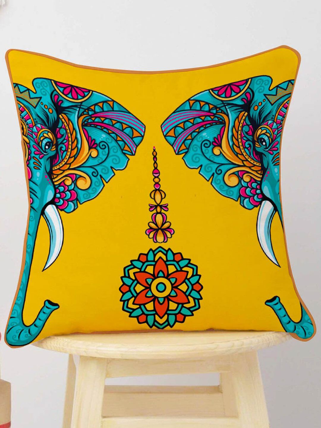 STITCHNEST Yellow & Blue Set of 5 Ethnic Motifs Velvet Square Cushion Covers