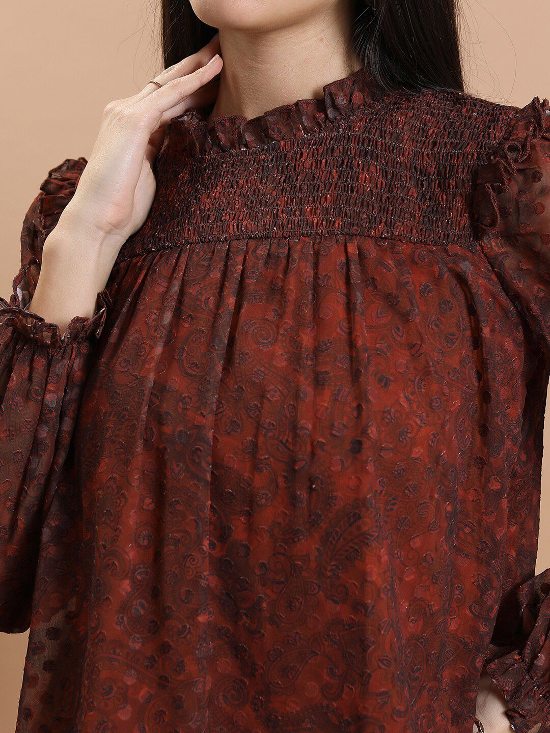 Tokyo Talkies Rust Smocked Print Blouson Top