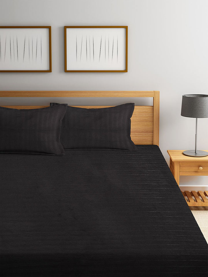 HOSTA HOMES Black Striped 300 TC Cotton 1 King Bedsheet with 2 Pillow Covers