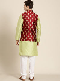 SOJANYA Lelaki Lime Green & Beige Striped Thread Work Straight Kurta Churidar Nehru Jaket
