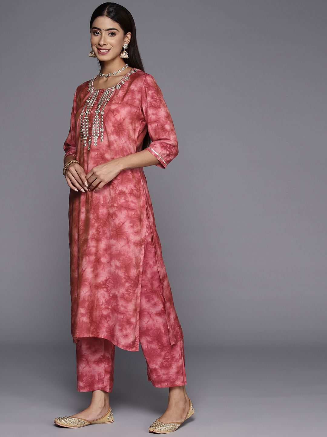 Libas Women Printed Regular Mirror Work Kurta with Trousers & With Dupatta