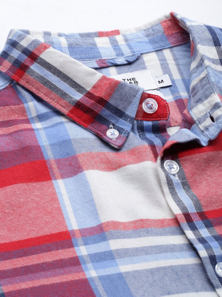 THE BEAR HOUSE Men Blue & Red Pure Cotton Slim Fit Tartan Checks Casual Shirt