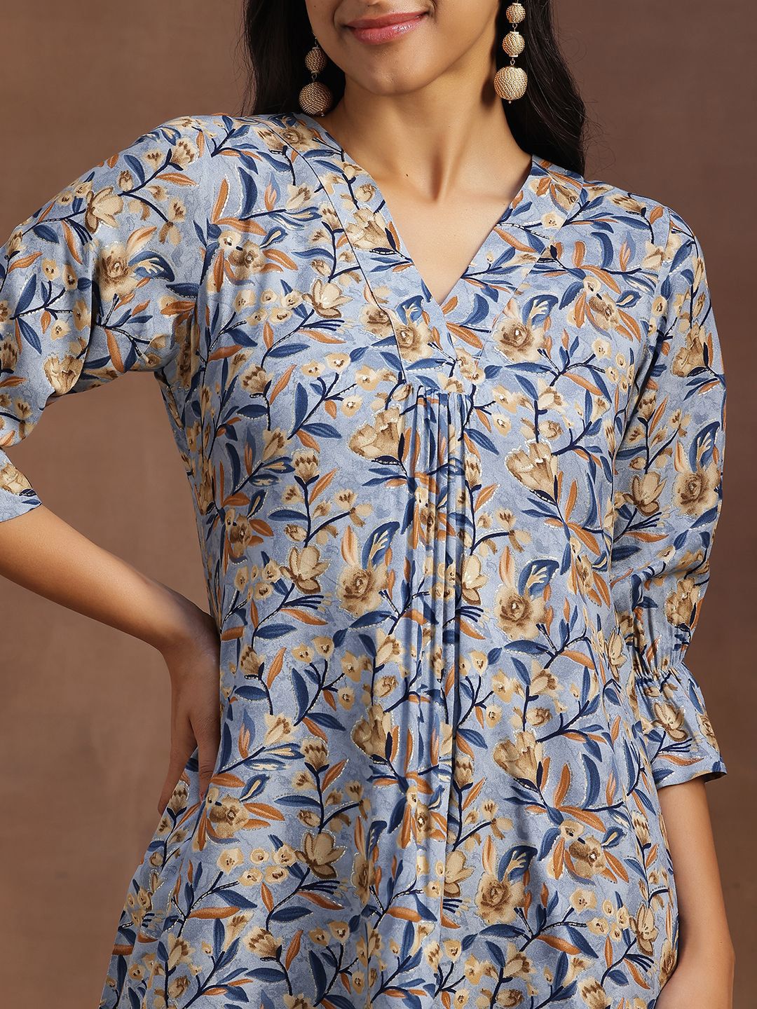 Libas Floral Printed V-Neck Pleated Kurti