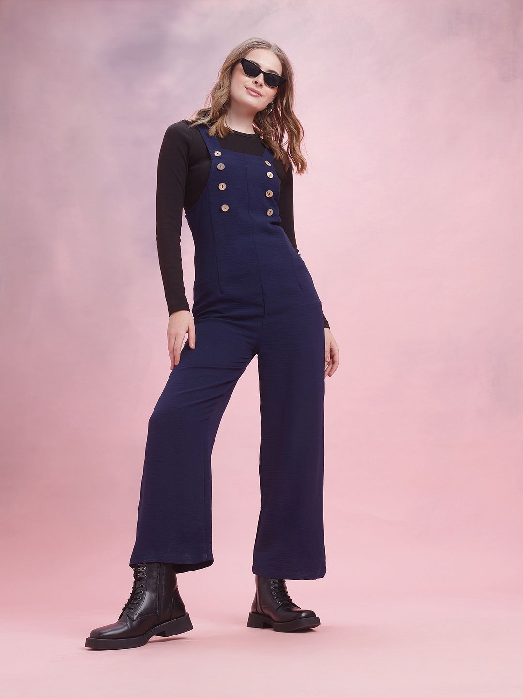 DressBerry Crinkled Effect Shoulder Straps Jumpsuit with Mock Buttons