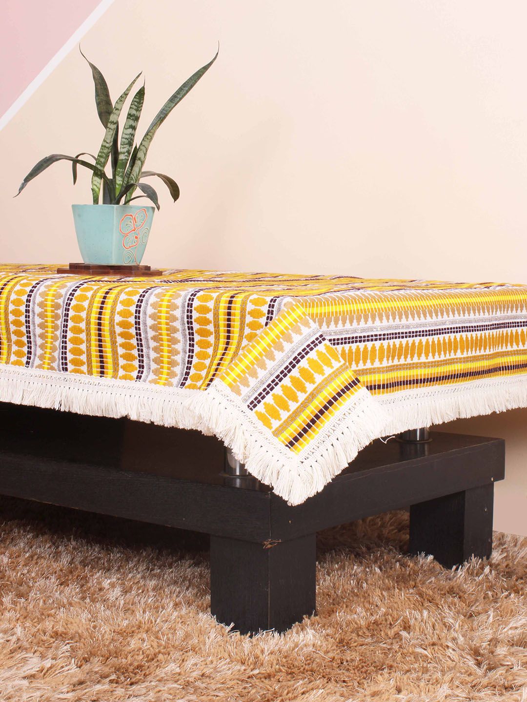 STITCHNEST Aztec Yellow & White 4-Seater Woven Table Cover With Lace  Border