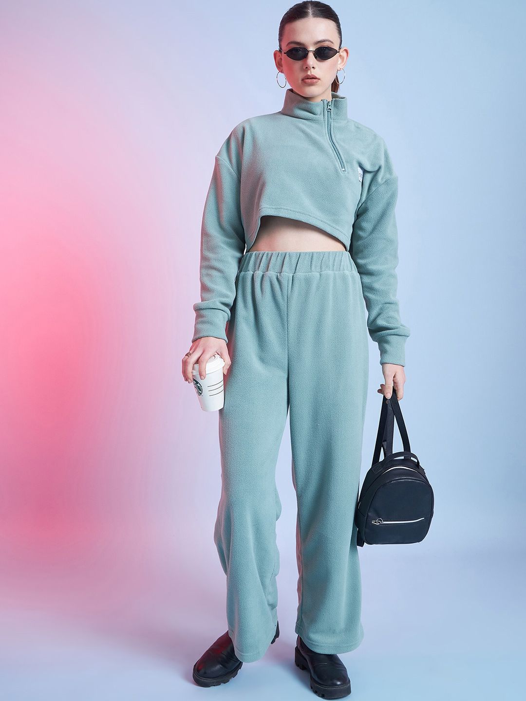 STREET 9 Green Mock Collar Crop Sweatshirt
