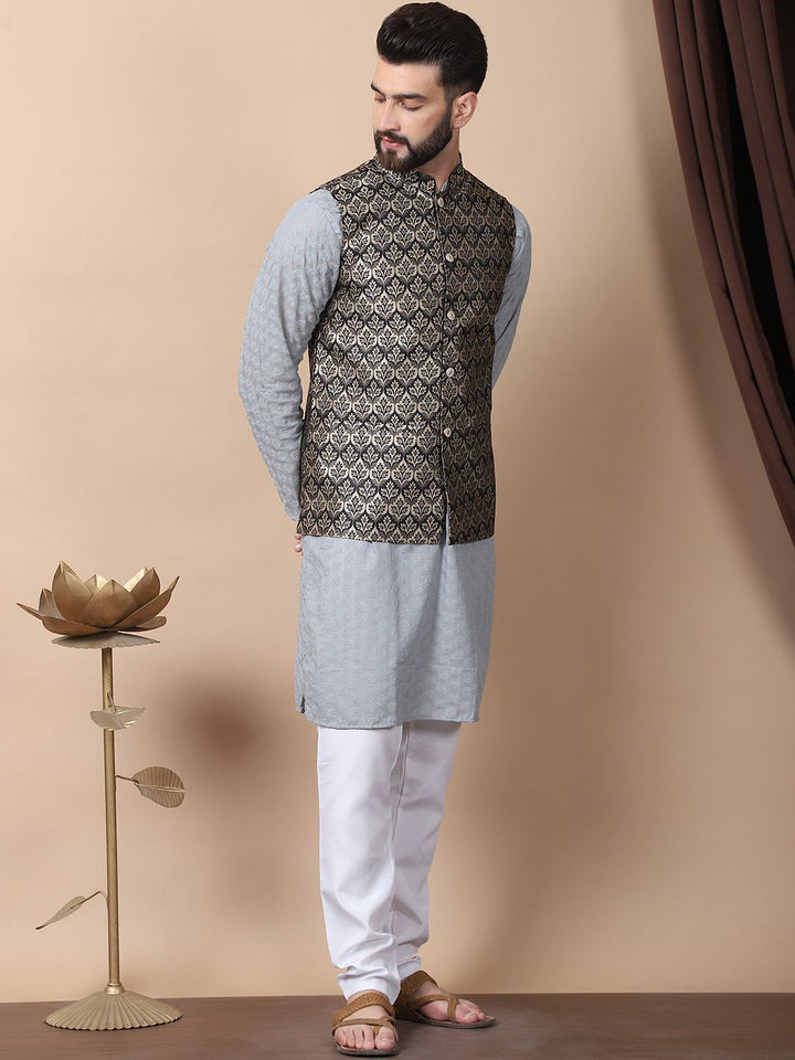 Anouk Grey Floral Embroidered Thread Work Pure Cotton Kurta with Churidar & Nehru Jacket